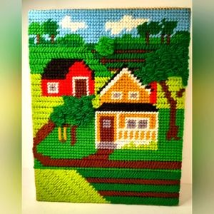 Handmade UnFramed Embroidered Needlepoint Tufted Yarn Farm House Scene